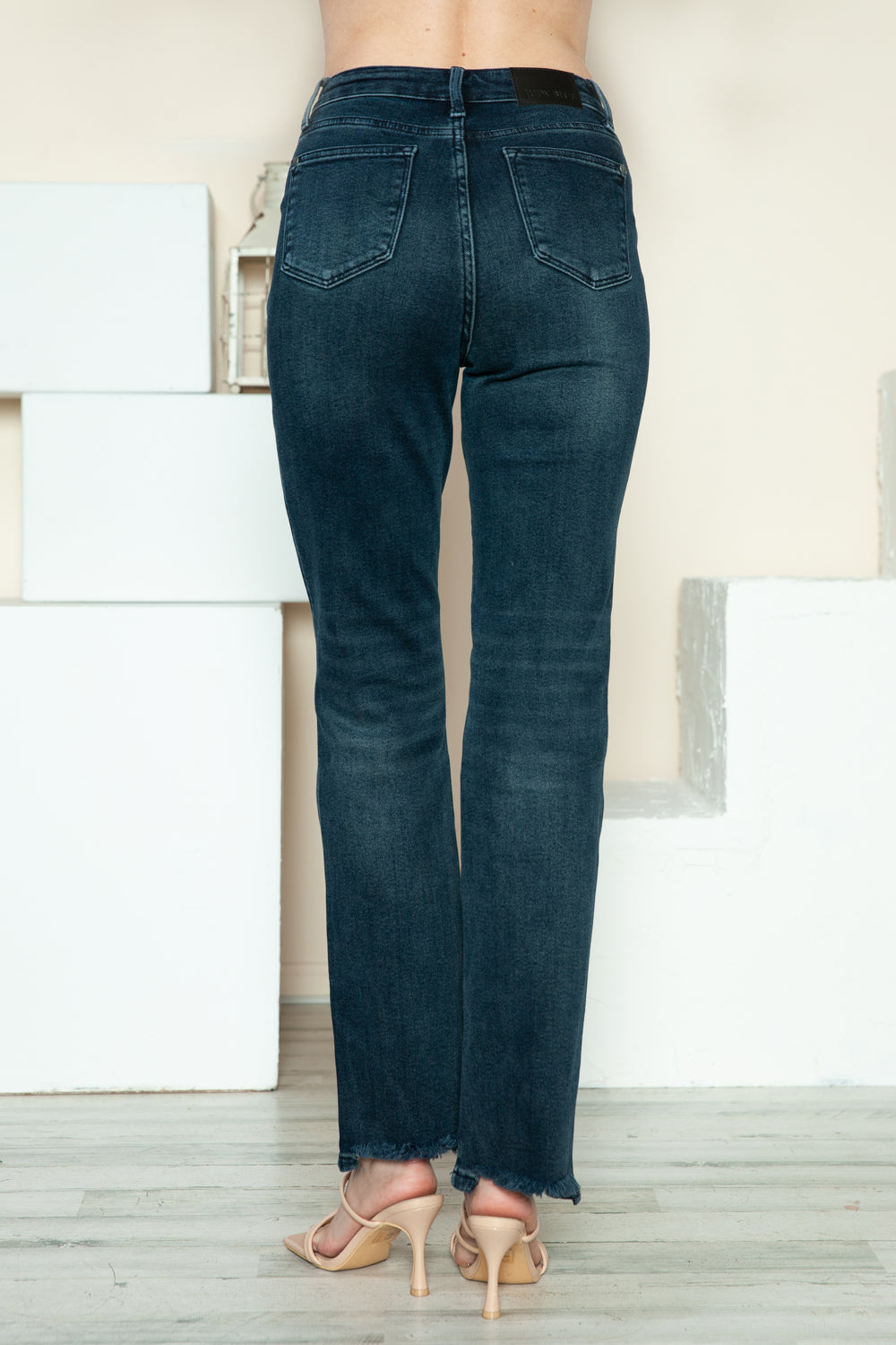 Women's Blue Button Fly Hem Destroy Blue Denim Straight Leg Jeans