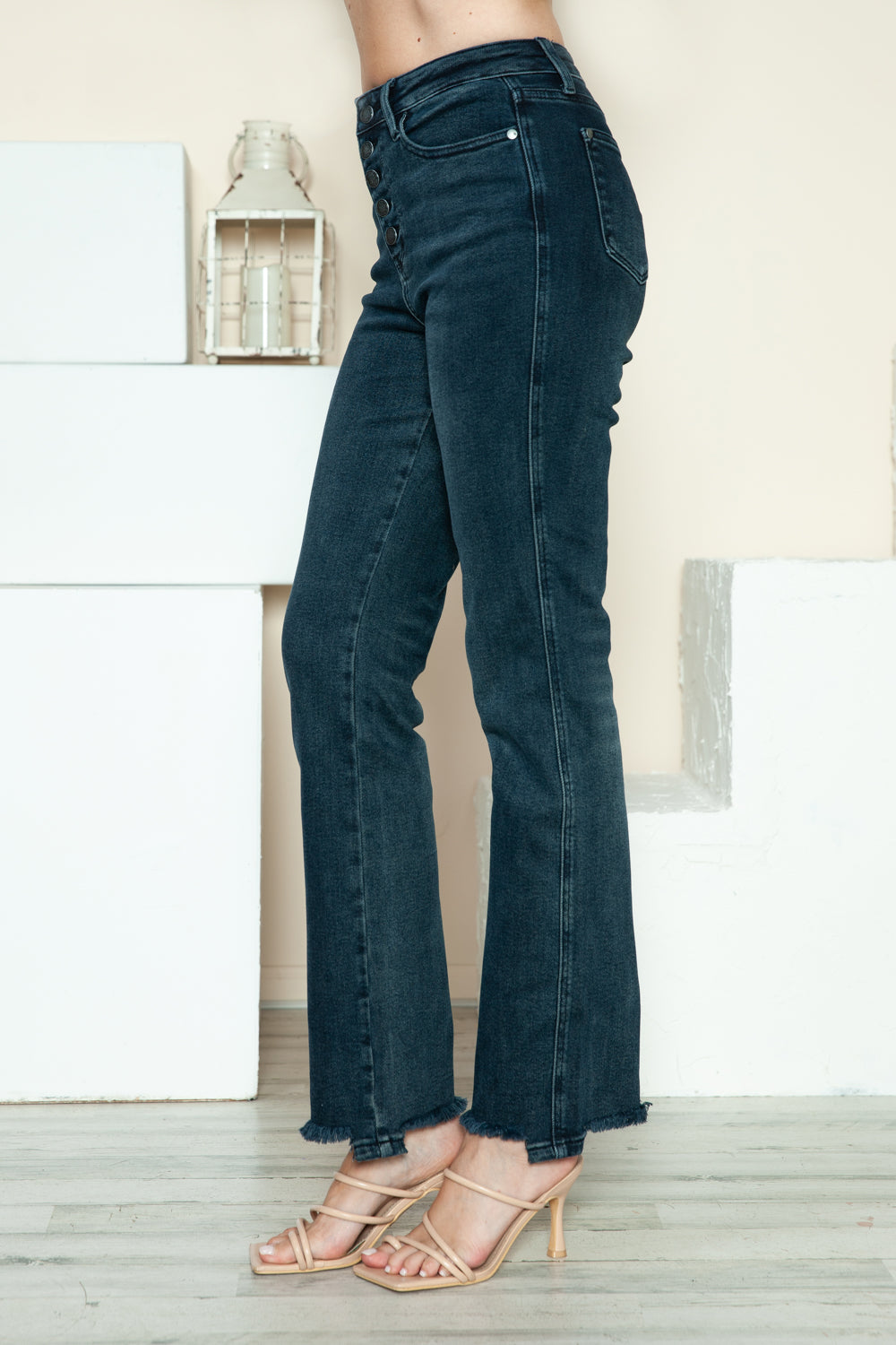 Women's Blue Button Fly Hem Destroy Blue Denim Straight Leg Jeans