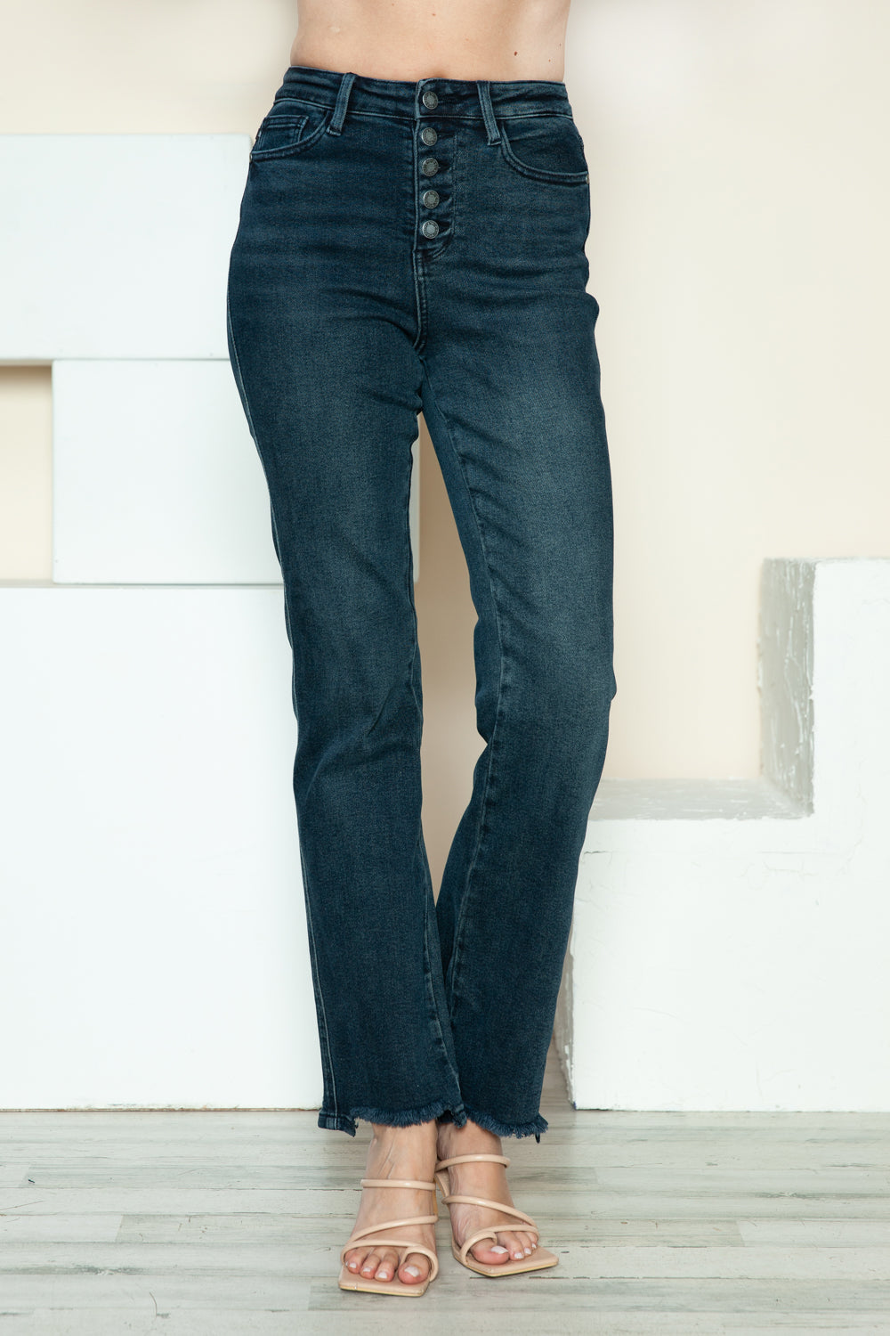 Women's Blue Button Fly Hem Destroy Blue Denim Straight Leg Jeans
