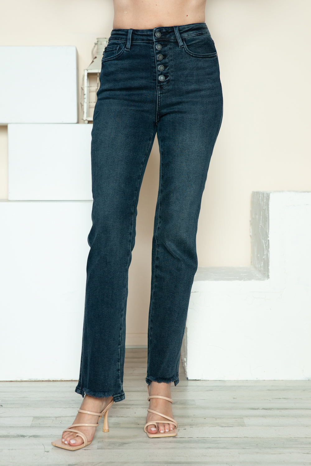 Women's Blue Button Fly Hem Destroy Blue Denim Straight Leg Jeans
