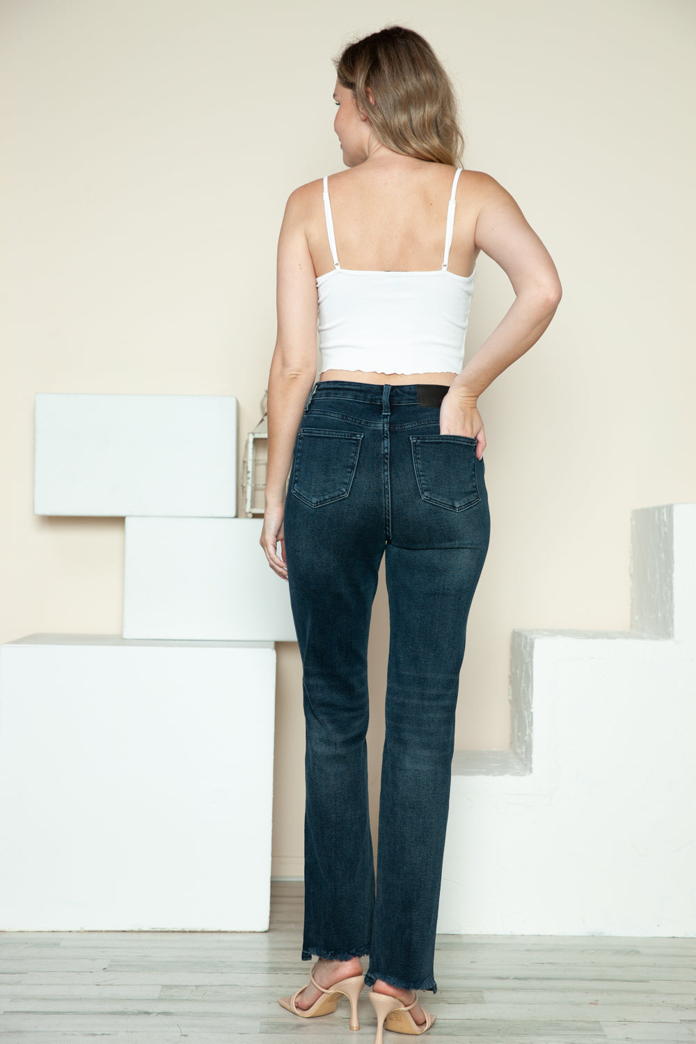 Women's Blue Button Fly Hem Destroy Blue Denim Straight Leg Jeans