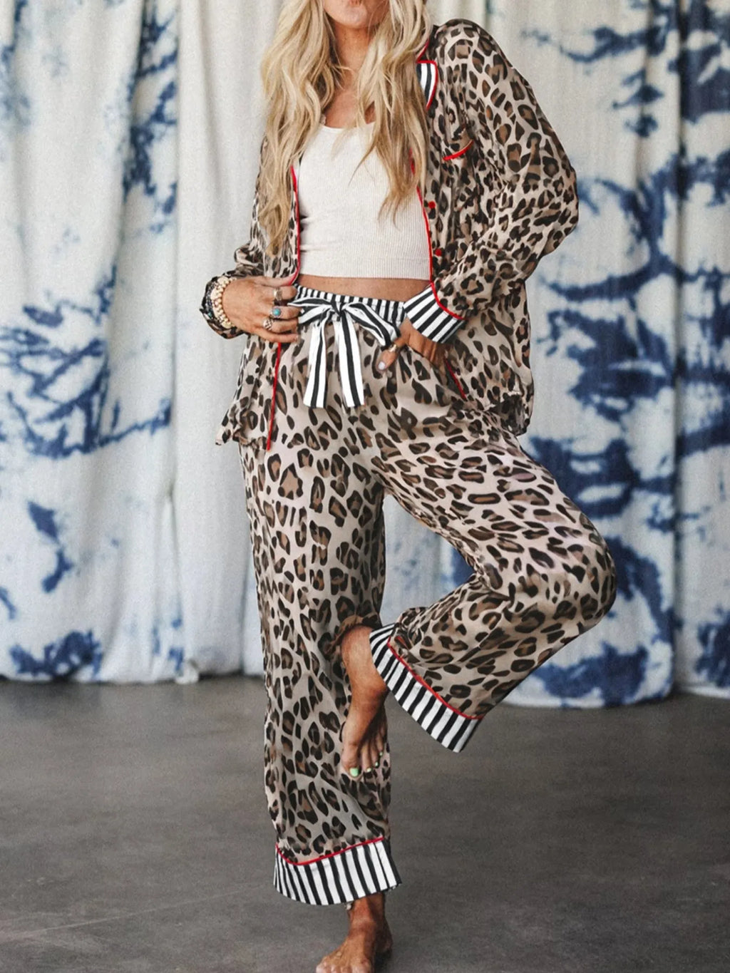 Women's Leopard and Striped Trim Shirt and Pants Set