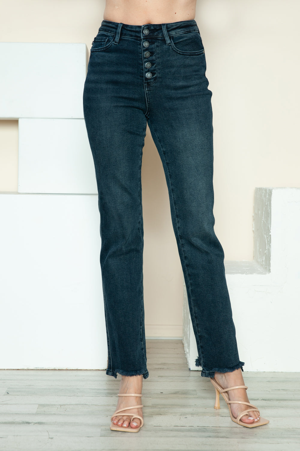 Women's Blue Button Fly Hem Destroy Blue Denim Straight Leg Jeans