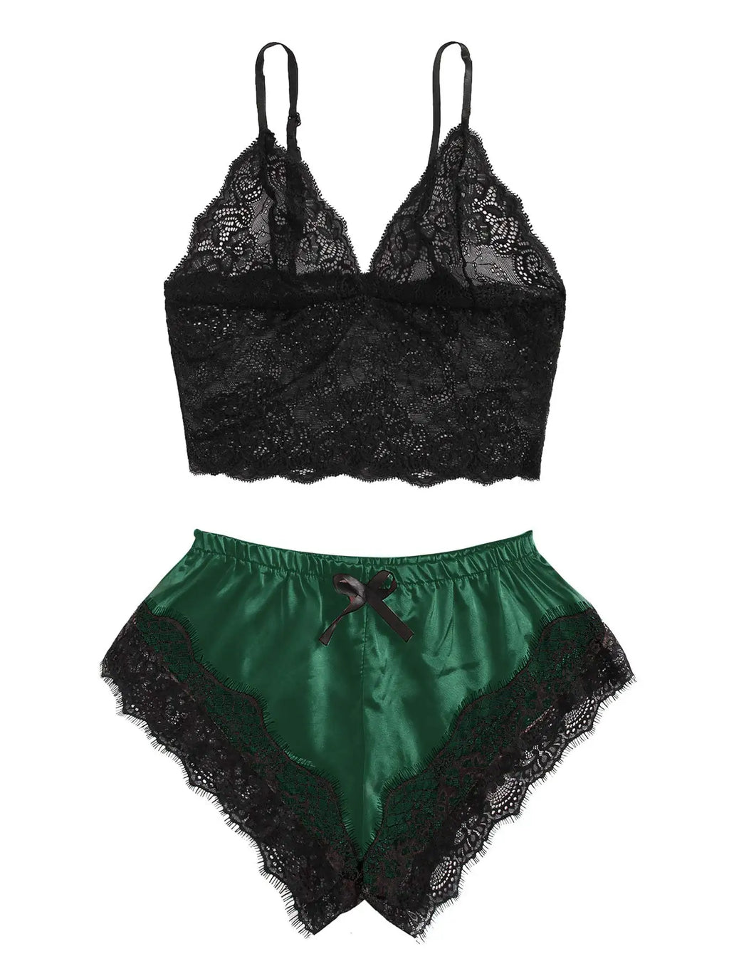 Women's Satin 2 piece Pajama Set Lace Cami Top and shorts