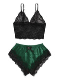 Women's Satin 2 piece Pajama Set Lace Cami Top and shorts