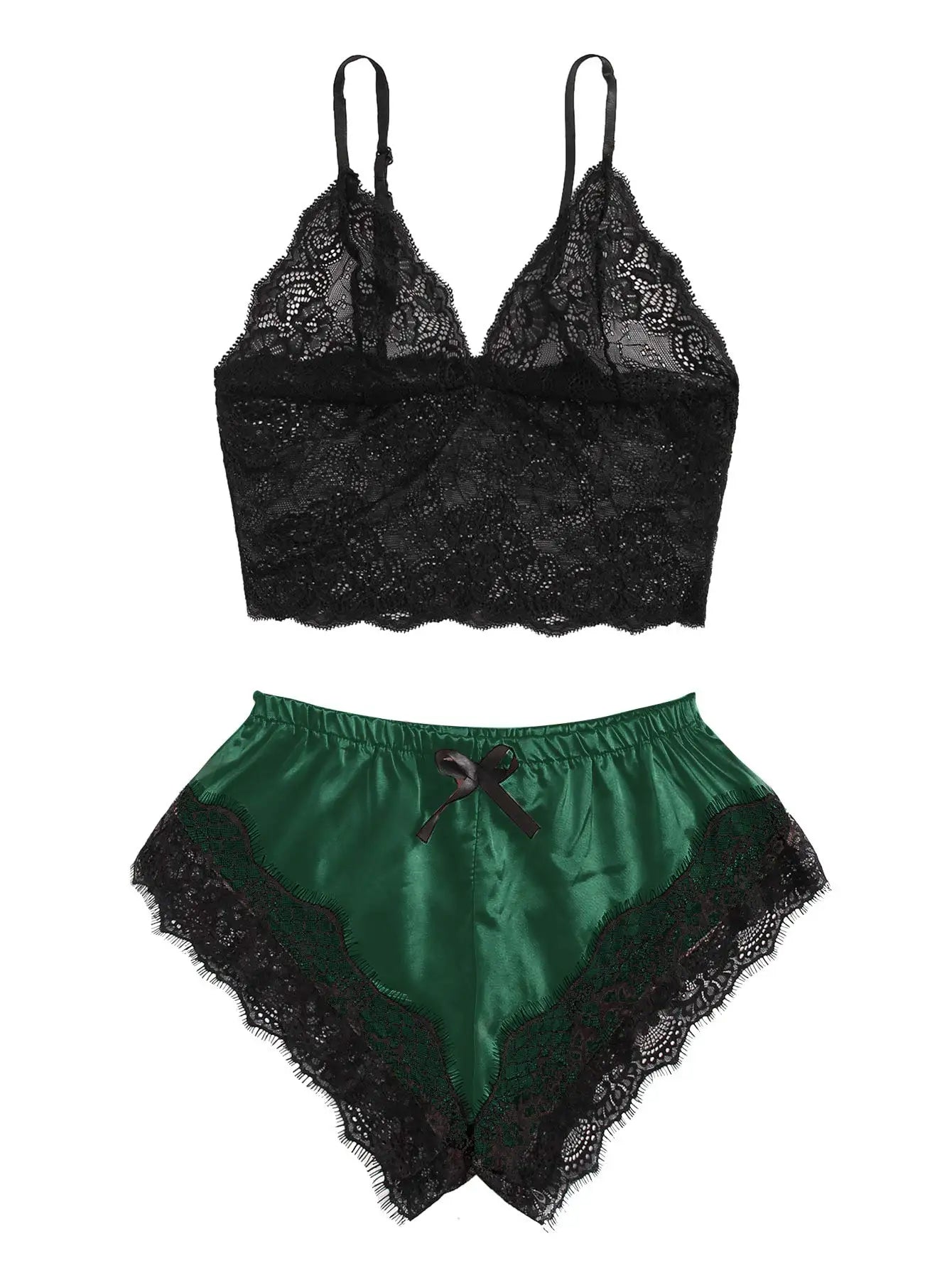 Women's Satin 2 piece Pajama Set Lace Cami Top and shorts
