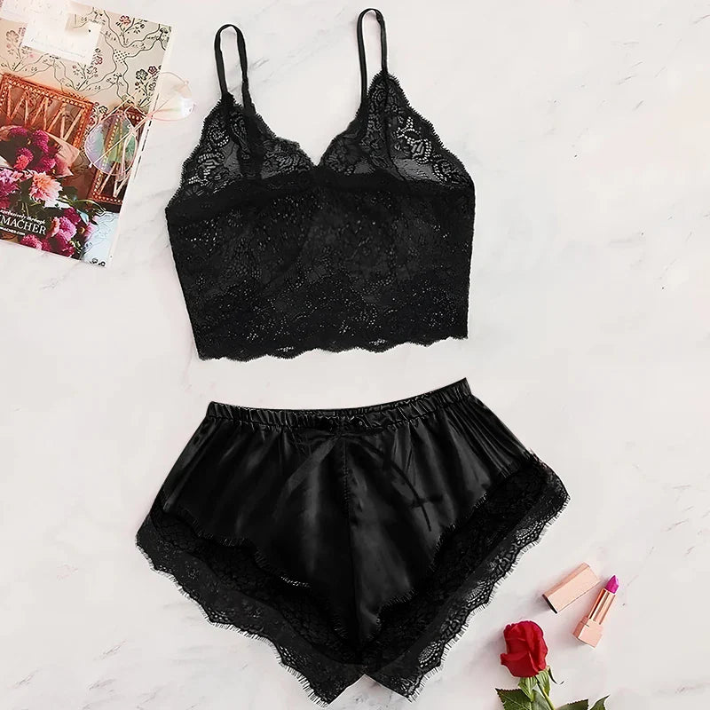Women's Satin 2 piece Pajama Set Lace Cami Top and shorts