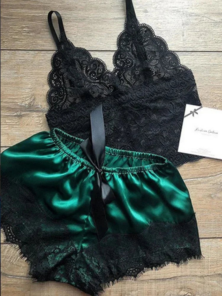 Women's Pajamas Set Lace Lingerie Sleeveless V-Neck Loungewear