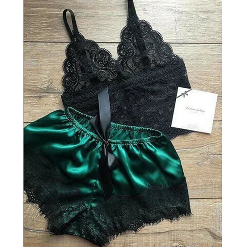 Women's Pajamas Set Lace Lingerie Sleeveless V-Neck Loungewear