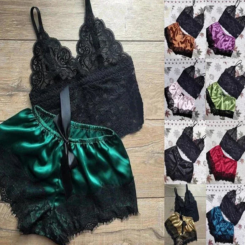 Women's Pajamas Set Lace Lingerie Sleeveless V-Neck Loungewear