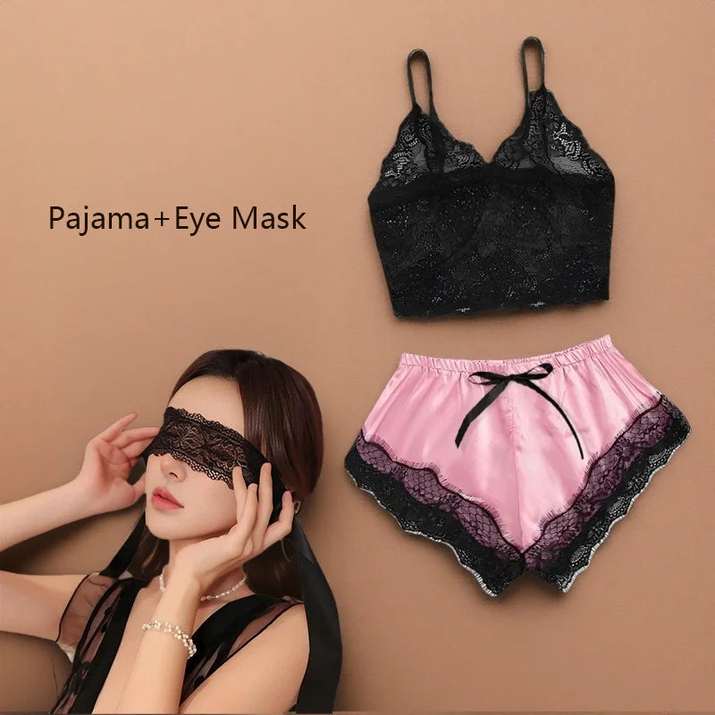 Women's Satin 2 piece Pajama Set Lace Cami Top and shorts