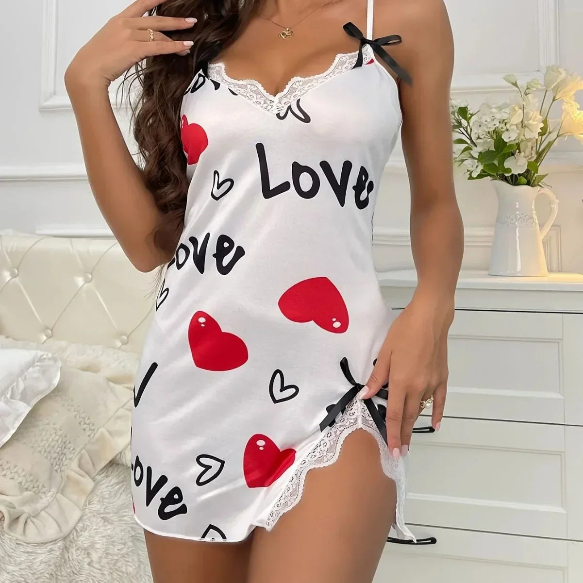 Women Sleepwear Nightgown Lingerie Love Printed Halter