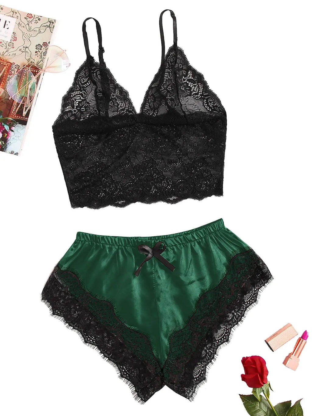Women's Satin 2 piece Pajama Set Lace Cami Top and shorts