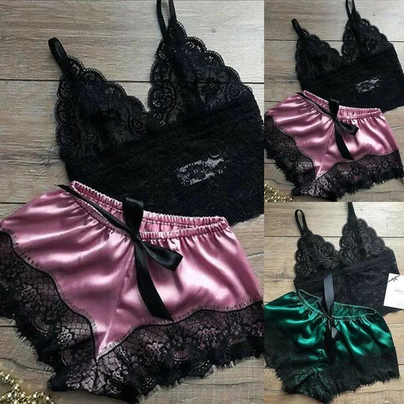 Women's Pajamas Set Lace Lingerie Sleeveless V-Neck Loungewear
