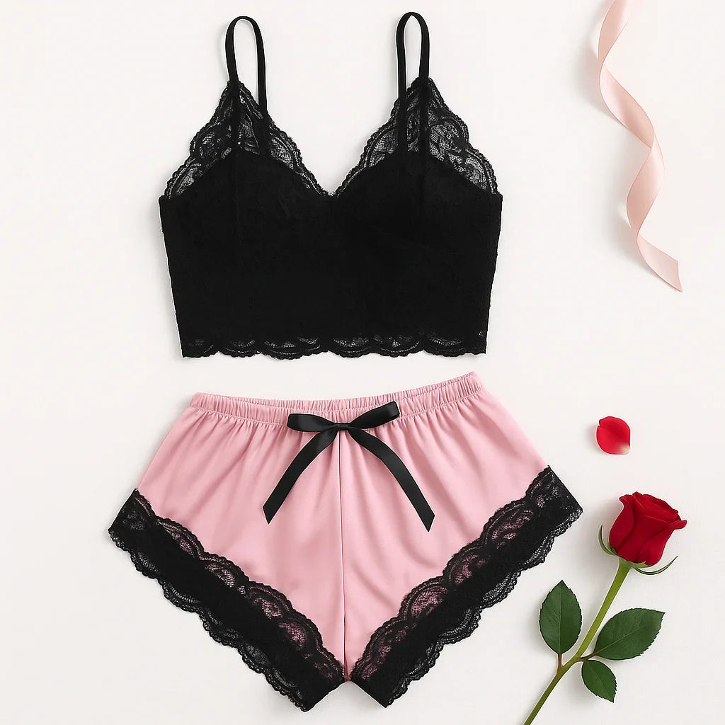 Women's Satin 2 piece Pajama Set Lace Cami Top and shorts