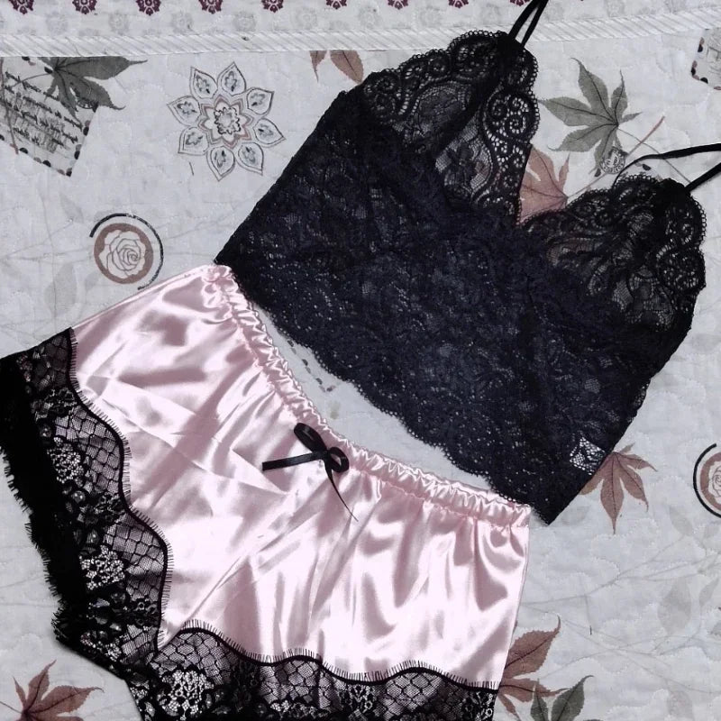 Women's Pajamas Set Lace Lingerie Sleeveless V-Neck Loungewear