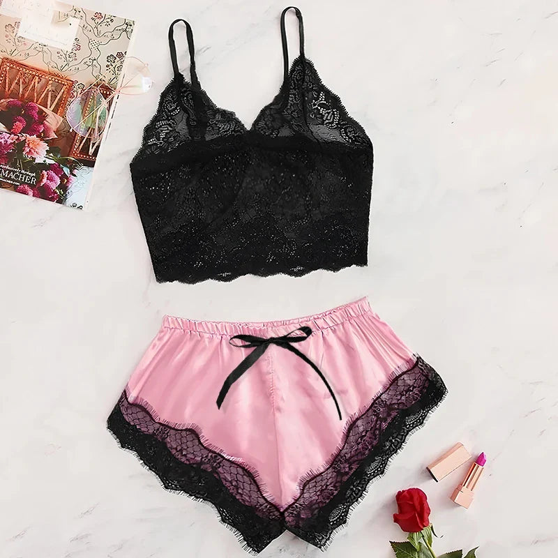 Women's Satin 2 piece Pajama Set Lace Cami Top and shorts