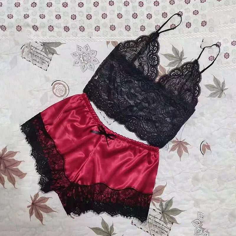 Women's Pajamas Set Lace Lingerie Sleeveless V-Neck Loungewear