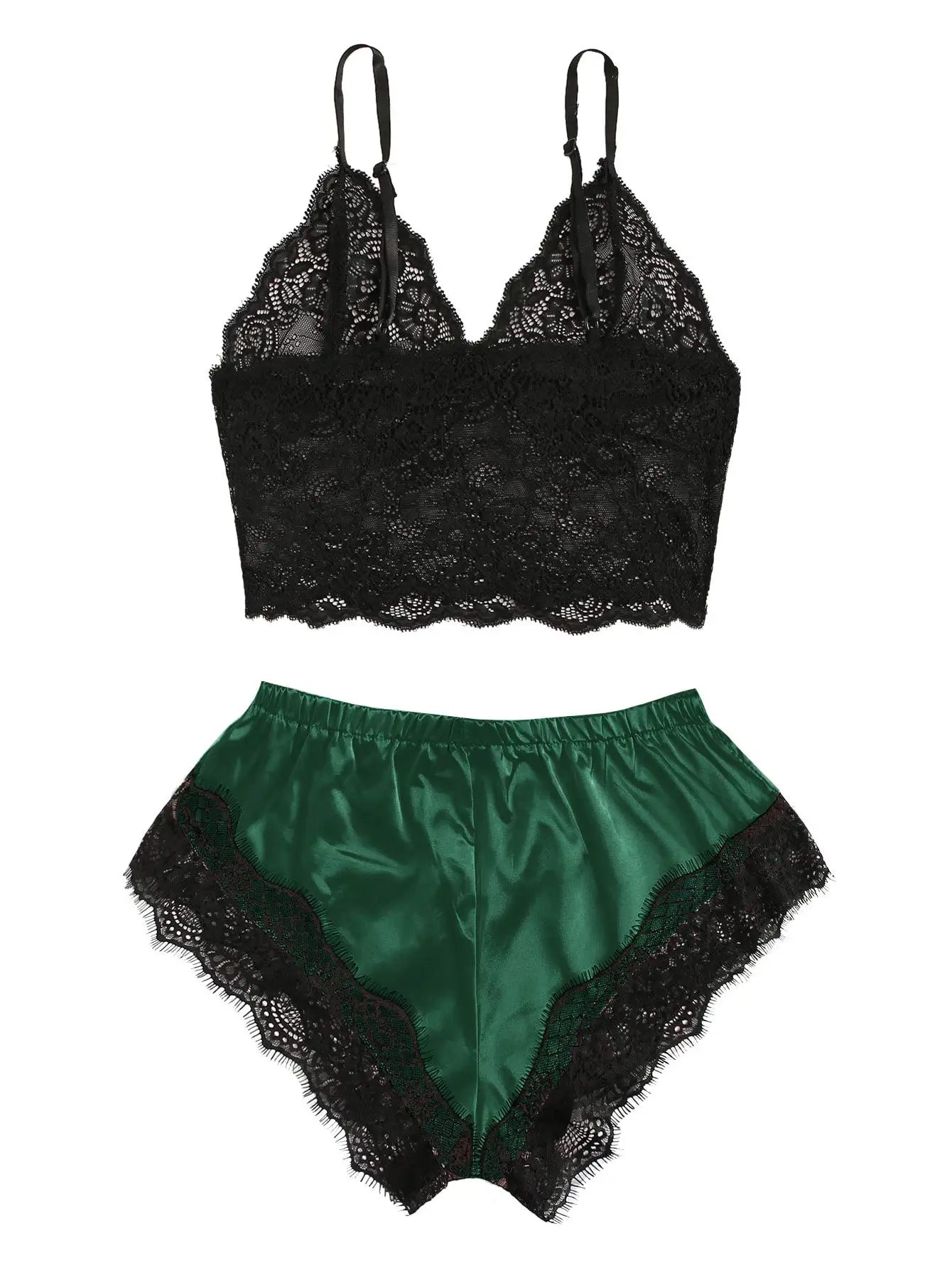 Women's Satin 2 piece Pajama Set Lace Cami Top and shorts