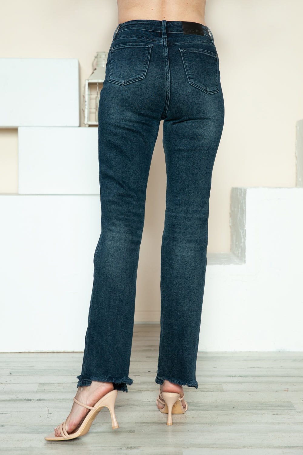 Women's Blue Button Fly Hem Destroy Blue Denim Straight Leg Jeans