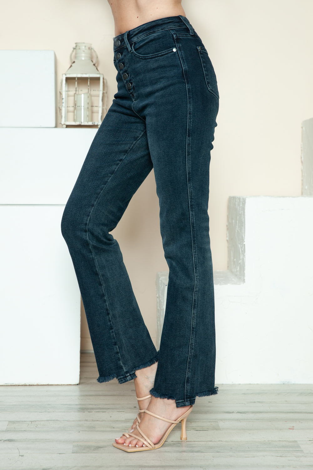 Women's Blue Button Fly Hem Destroy Blue Denim Straight Leg Jeans