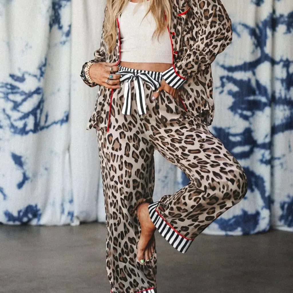 Women's Leopard and Striped Trim Shirt and Pants Set