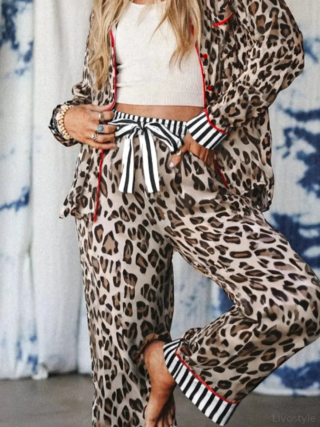 Women's Leopard and Striped Trim Shirt and Pants Set
