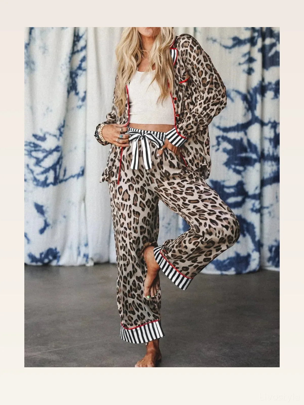 Women's Leopard and Striped Trim Shirt and Pants Set