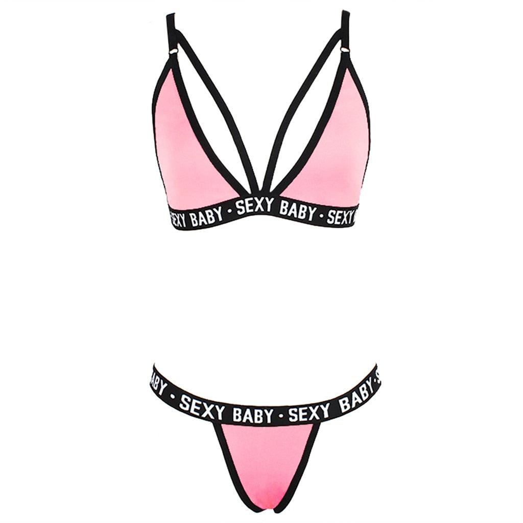 Women's Summer Swimwear Solid Lingerie Underwear Set Women Letter Solid Patchwork Bikini Set Classic Design Underwear G-String Set Women's Bikini Triangle Solid Two Piece Bathing Suit