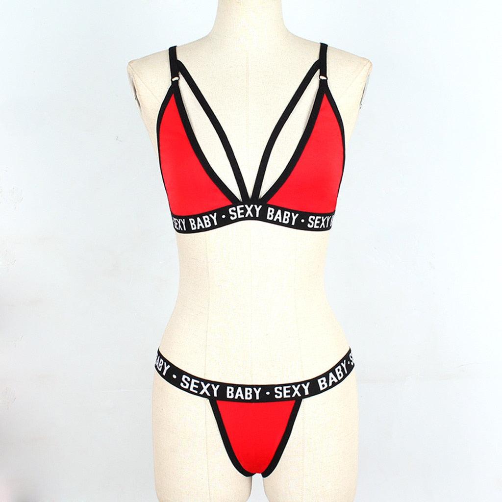 Women's Summer Swimwear Solid Lingerie Underwear Set Women Letter Solid Patchwork Bikini Set Classic Design Underwear G-String Set Women's Bikini Triangle Solid Two Piece Bathing Suit
