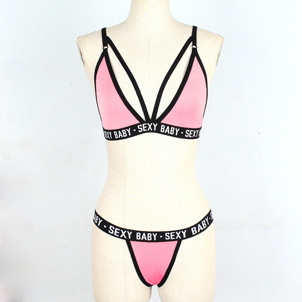 Women's Summer Swimwear Solid Lingerie Underwear Set Women Letter Solid Patchwork Bikini Set Classic Design Underwear G-String Set Women's Bikini Triangle Solid Two Piece Bathing Suit