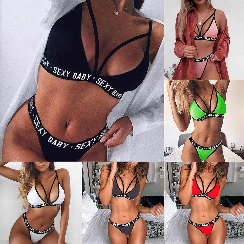 Women's Summer Swimwear Solid Lingerie Underwear Set Women Letter Solid Patchwork Bikini Set Classic Design Underwear G-String Set Women's Bikini Triangle Solid Two Piece Bathing Suit