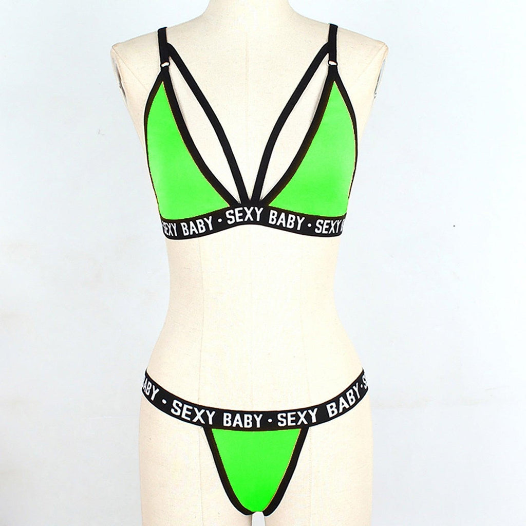 Women's Summer Swimwear Solid Lingerie Underwear Set Women Letter Solid Patchwork Bikini Set Classic Design Underwear G-String Set Women's Bikini Triangle Solid Two Piece Bathing Suit